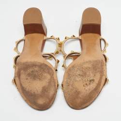 Pre Owned Valentino Beige/Brown Leather and Straw Rockstud Slide Sandals Size 39