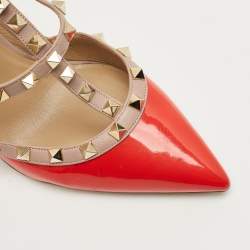 Pre Owned Valentino Beige/Red Leather and Patent Rockstud Ankle Strap Pumps Size 41