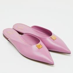 Pre Owned Valentino Pink Leather Roman Stud Pointed Toe Flat Mules Size 38.5