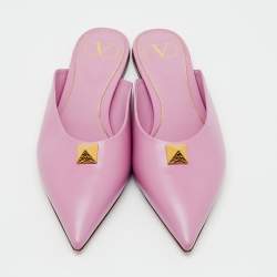 Pre Owned Valentino Pink Leather Roman Stud Pointed Toe Flat Mules Size 38.5