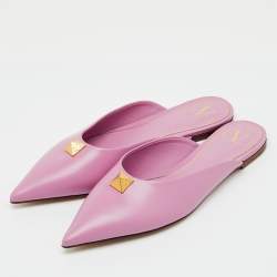 Pre Owned Valentino Pink Leather Roman Stud Pointed Toe Flat Mules Size 38.5