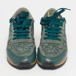 Pre Owned Valentino Two Tone Lace and Leather Rockrunner Low Top Sneakers Size 37