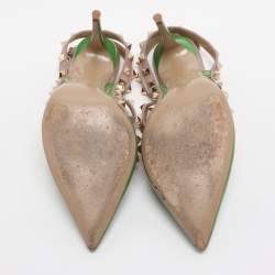 Pre Owned Valentino Green/Beige Patent Leather Rockstud Ankle Strap Pumps Size 38.5