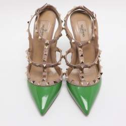 Pre Owned Valentino Green/Beige Patent Leather Rockstud Ankle Strap Pumps Size 38.5