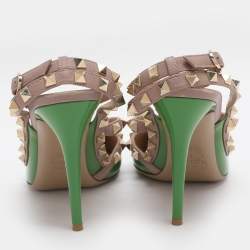 Pre Owned Valentino Green/Beige Patent Leather Rockstud Ankle Strap Pumps Size 38.5