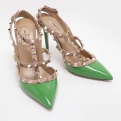 Pre Owned Valentino Green/Beige Patent Leather Rockstud Ankle Strap Pumps Size 38.5