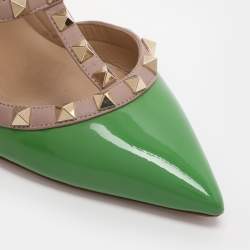 Pre Owned Valentino Green/Beige Patent Leather Rockstud Ankle Strap Pumps Size 38.5