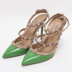 Pre Owned Valentino Green/Beige Patent Leather Rockstud Ankle Strap Pumps Size 38.5