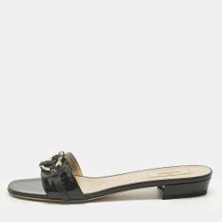 Pre Owned Valentino Black Patent Leather VLogo Slide Sandals Size 39.5