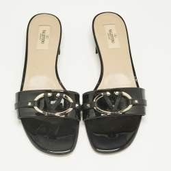 Pre Owned Valentino Black Patent Leather VLogo Slide Sandals Size 39.5