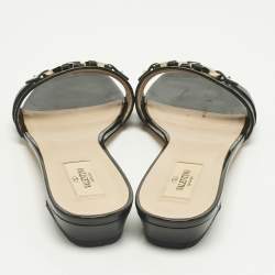 Pre Owned Valentino Black Patent Leather VLogo Slide Sandals Size 39.5