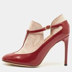 Pre Owned Valentino Red/Beige Patent Leather and Velvet T-Strap Pumps Size 36.5