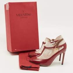 Pre Owned Valentino Red/Beige Patent Leather and Velvet T-Strap Pumps Size 36.5