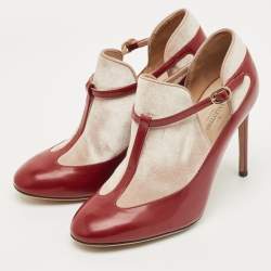 Pre Owned Valentino Red/Beige Patent Leather and Velvet T-Strap Pumps Size 36.5