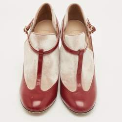 Pre Owned Valentino Red/Beige Patent Leather and Velvet T-Strap Pumps Size 36.5