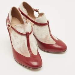 Pre Owned Valentino Red/Beige Patent Leather and Velvet T-Strap Pumps Size 36.5