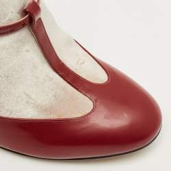 Pre Owned Valentino Red/Beige Patent Leather and Velvet T-Strap Pumps Size 36.5