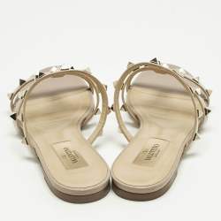 Pre Owned Valentino Poudre Pink Patent Leather Rockstud Flat Slide Sandals Size 35