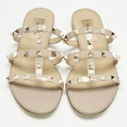 Pre Owned Valentino Poudre Pink Patent Leather Rockstud Flat Slide Sandals Size 35