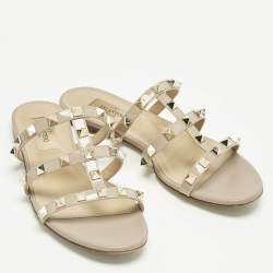 Pre Owned Valentino Poudre Pink Patent Leather Rockstud Flat Slide Sandals Size 35