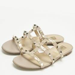 Pre Owned Valentino Poudre Pink Patent Leather Rockstud Flat Slide Sandals Size 35