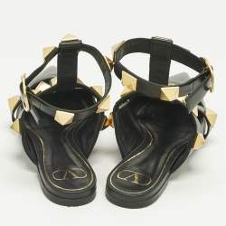 Pre Owned Valentino Black Leather Rockstud Ankle Strap Flats Size 40