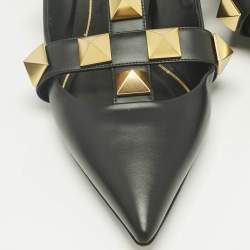 Pre Owned Valentino Black Leather Rockstud Ankle Strap Flats Size 40