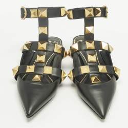 Pre Owned Valentino Black Leather Rockstud Ankle Strap Flats Size 40