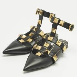 Pre Owned Valentino Black Leather Rockstud Ankle Strap Flats Size 40