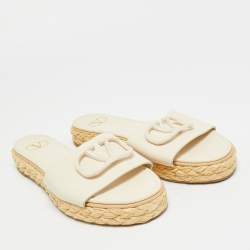 Pre Owned Valentino Cream Leather VLogo Espadrille Flat Slides Size 39