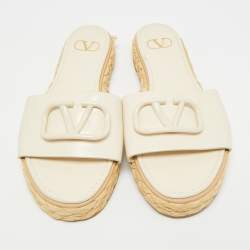 Pre Owned Valentino Cream Leather VLogo Espadrille Flat Slides Size 39