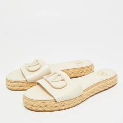 Pre Owned Valentino Cream Leather VLogo Espadrille Flat Slides Size 39