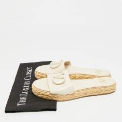 Pre Owned Valentino Cream Leather VLogo Espadrille Flat Slides Size 39