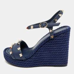 Pre Owned Valentino Navy Blue Leather Rockstud Torchon Platform Wedge Sandals 37