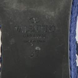 Pre Owned Valentino Navy Blue Leather Rockstud Torchon Platform Wedge Sandals 37