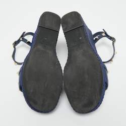 Pre Owned Valentino Navy Blue Leather Rockstud Torchon Platform Wedge Sandals 37