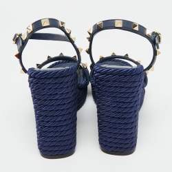 Pre Owned Valentino Navy Blue Leather Rockstud Torchon Platform Wedge Sandals 37