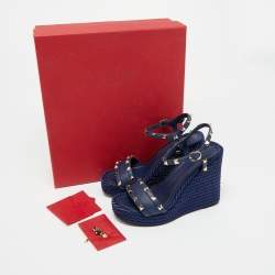 Pre Owned Valentino Navy Blue Leather Rockstud Torchon Platform Wedge Sandals 37