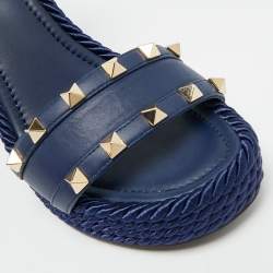 Pre Owned Valentino Navy Blue Leather Rockstud Torchon Platform Wedge Sandals 37