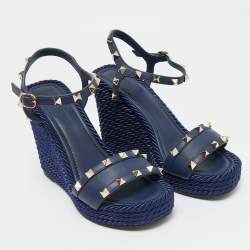 Pre Owned Valentino Navy Blue Leather Rockstud Torchon Platform Wedge Sandals 37