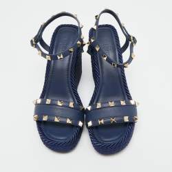 Pre Owned Valentino Navy Blue Leather Rockstud Torchon Platform Wedge Sandals 37