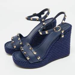 Pre Owned Valentino Navy Blue Leather Rockstud Torchon Platform Wedge Sandals 37