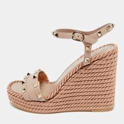 Pre Owned Valentino Dusty Pink Leather Rockstud Torchon Platform Wedge Sandals 37