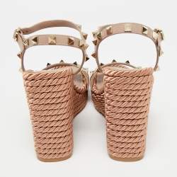 Pre Owned Valentino Dusty Pink Leather Rockstud Torchon Platform Wedge Sandals 37
