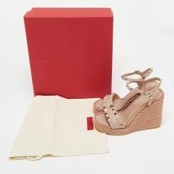 Pre Owned Valentino Dusty Pink Leather Rockstud Torchon Platform Wedge Sandals 37