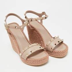 Pre Owned Valentino Dusty Pink Leather Rockstud Torchon Platform Wedge Sandals 37