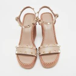 Pre Owned Valentino Dusty Pink Leather Rockstud Torchon Platform Wedge Sandals 37