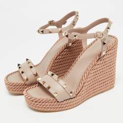 Pre Owned Valentino Dusty Pink Leather Rockstud Torchon Platform Wedge Sandals 37