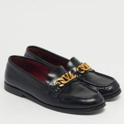 Pre Owned Valentino Black Leather Escape VLogo Chain Slip On Loafers Size 40