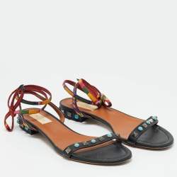Pre Owned Valentino Black Leather Rolling Rockstud Ankle Wrap Flat Sandals Size 38.5